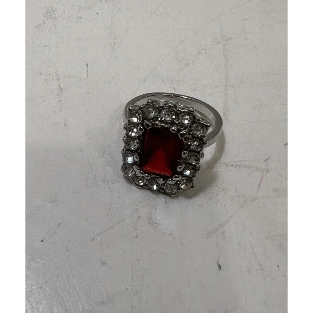 Vintage Style Simulated Ruby Gemstone Cocktail Ring Sz 8 Clear Rhinestone Halo